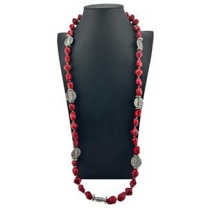 Premier Designs Red Stone Howlite Chunky Silver Tone Beaded 39" Necklace